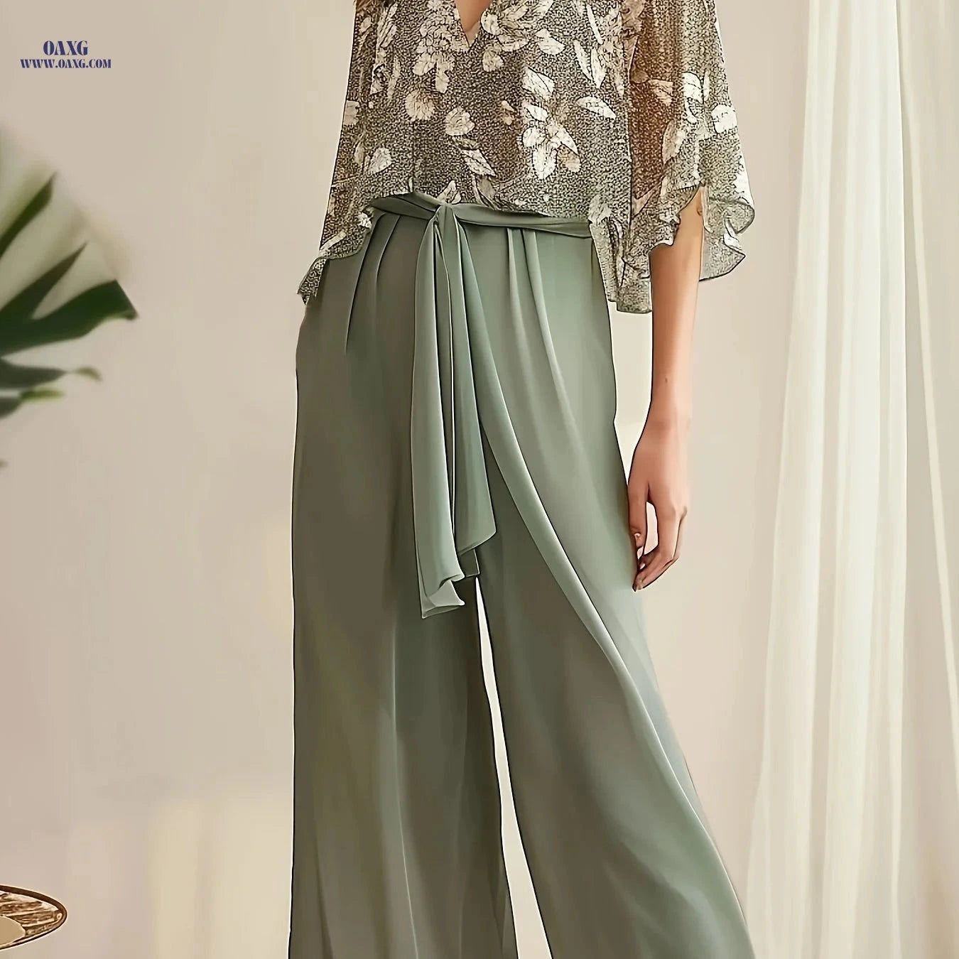 Women's Floral Shirt and Pants Set - Vacation Style, Semi-Sheer   OAXG Mixed colors / XS