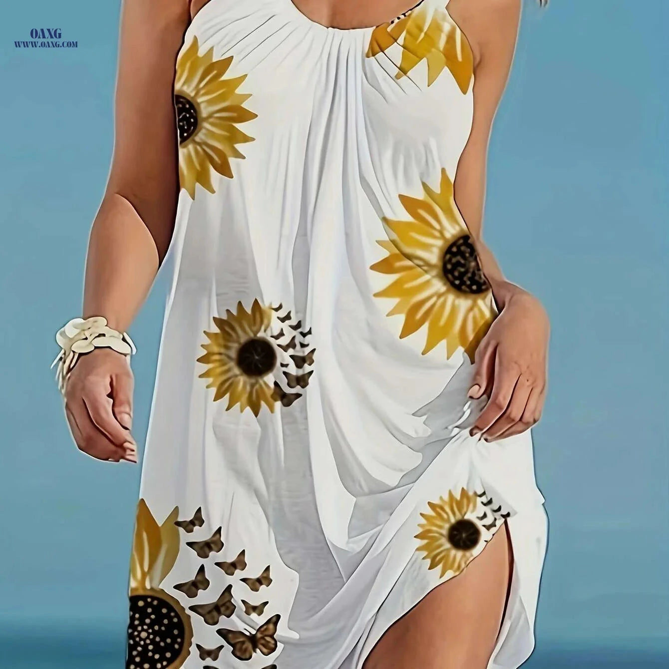 Women's Floral Sunflower Print Sleeveless Dress - Perfect for Vacation   OAXG White / S