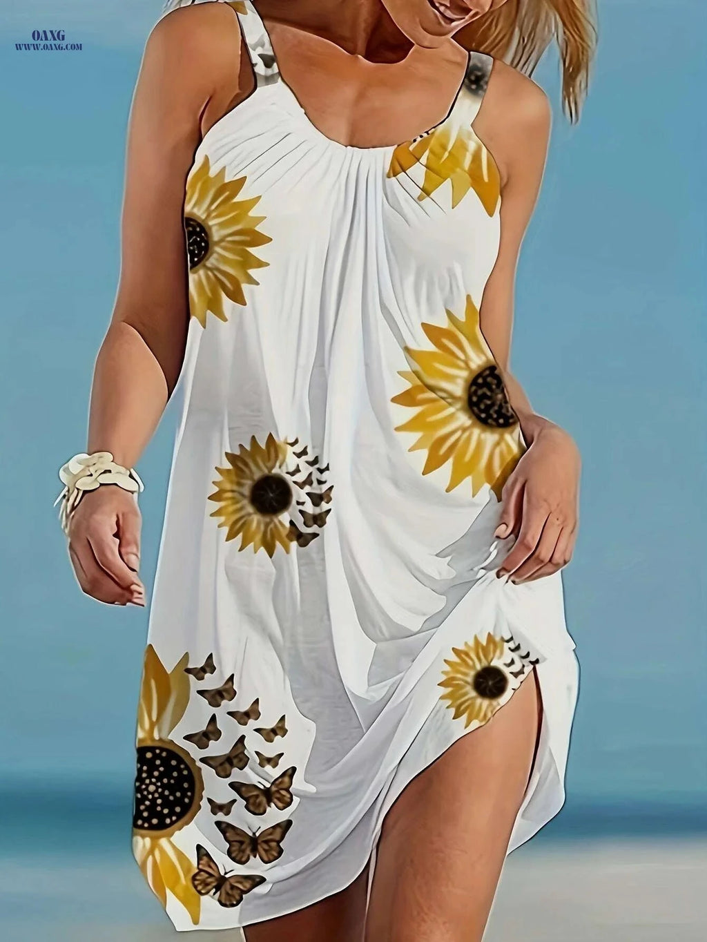 Women's Floral Sunflower Print Sleeveless Dress - Perfect for Vacation   OAXG White / S