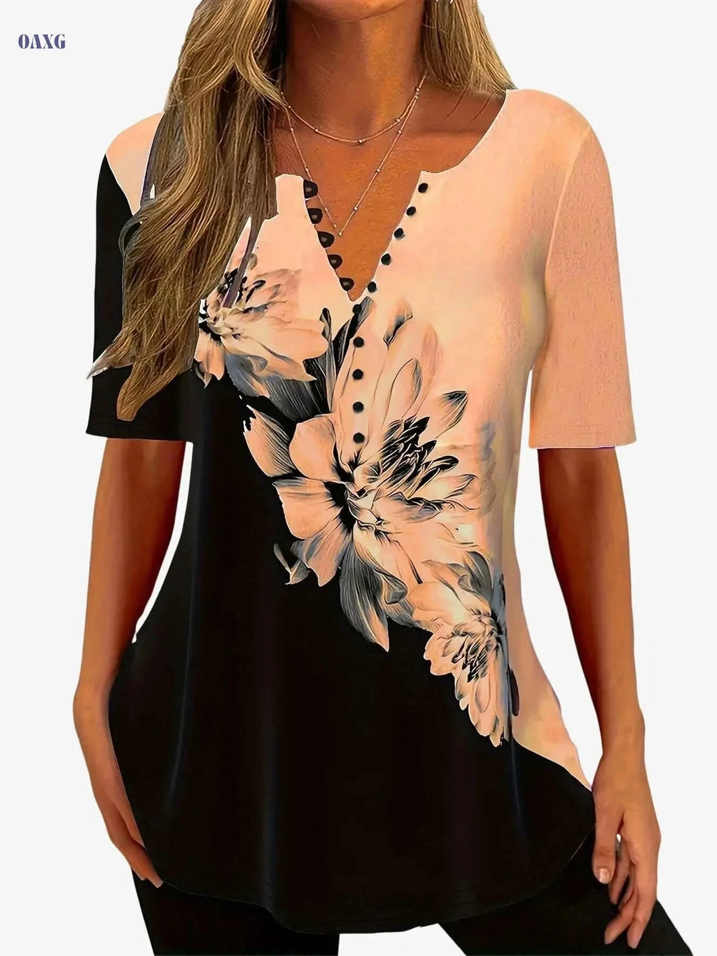 Women's Floral V-Neck Button Shirt - Loose Fit for Spring/Summer   OAXG 