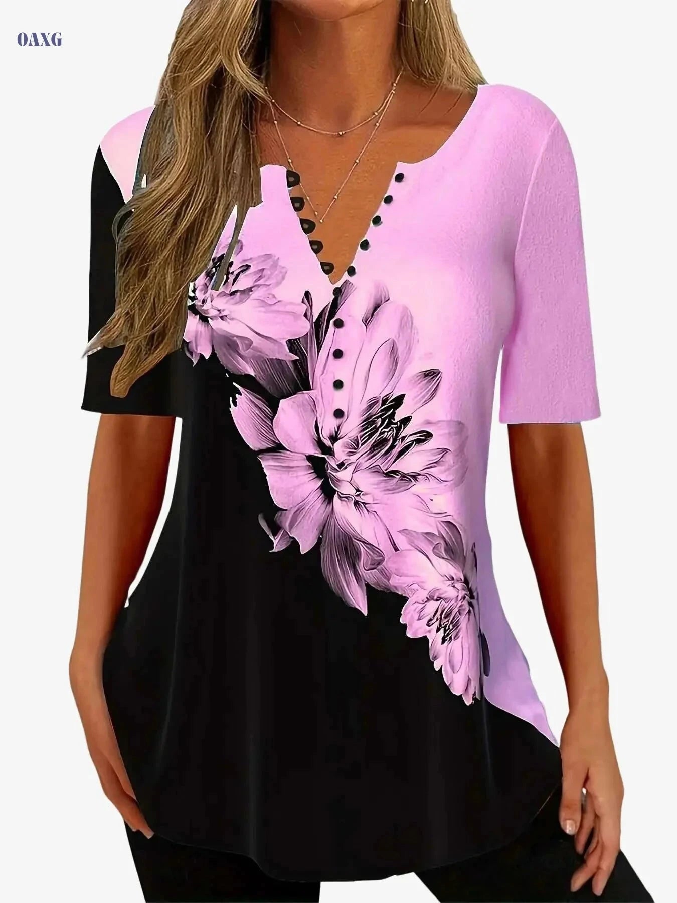 Women's Floral V-Neck Button Shirt - Loose Fit for Spring/Summer   OAXG 