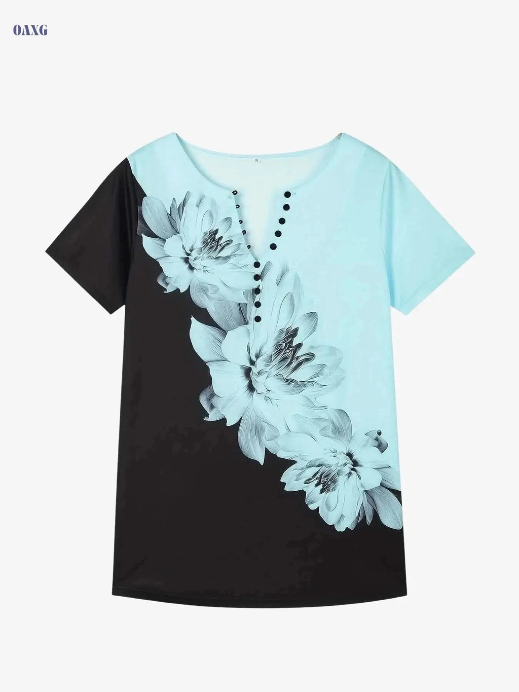 Women's Floral V-Neck Button Shirt - Loose Fit for Spring/Summer   OAXG Sky Blue / S