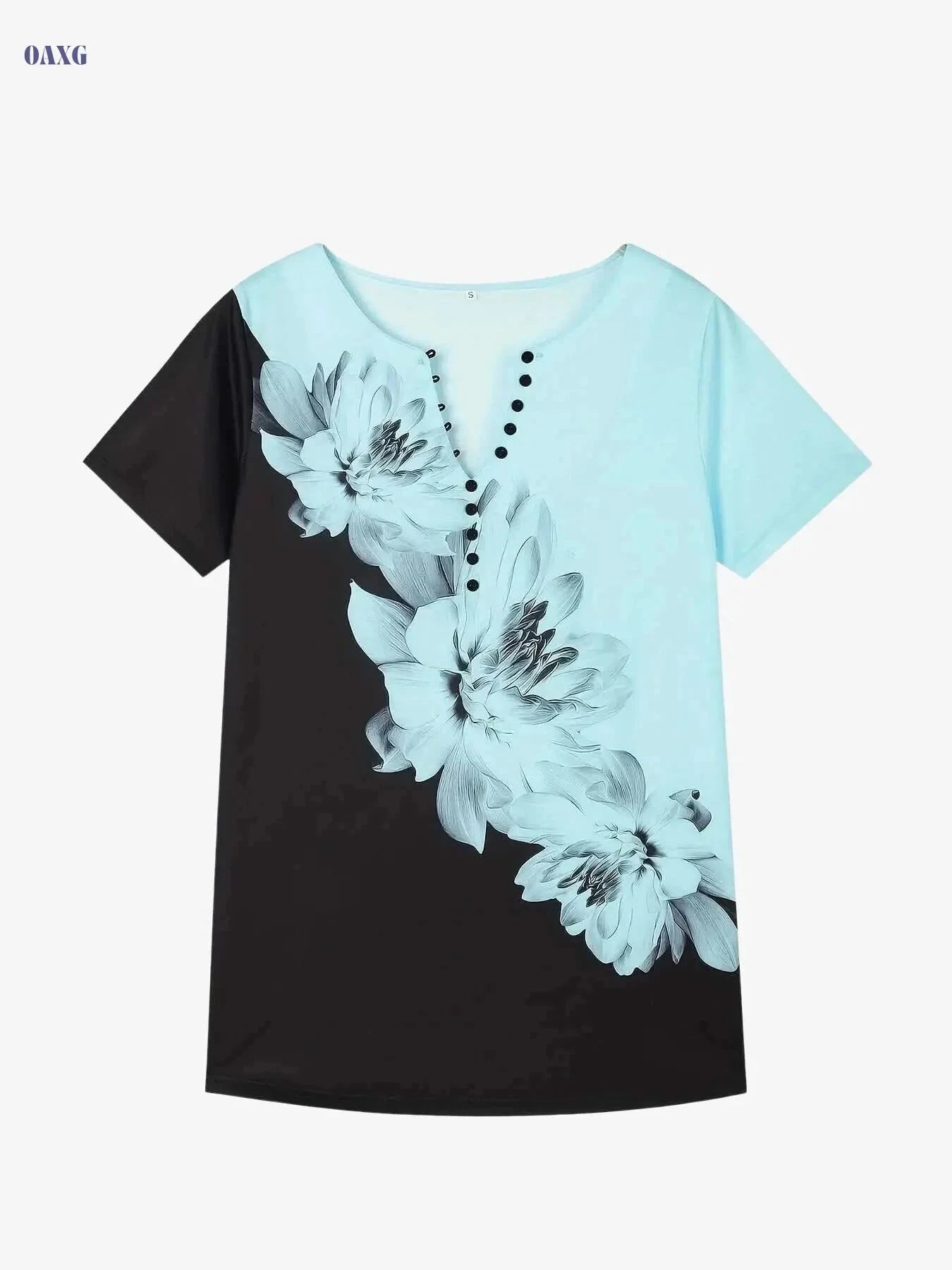 Women's Floral V-Neck Button Shirt - Loose Fit for Spring/Summer   OAXG Sky Blue / S