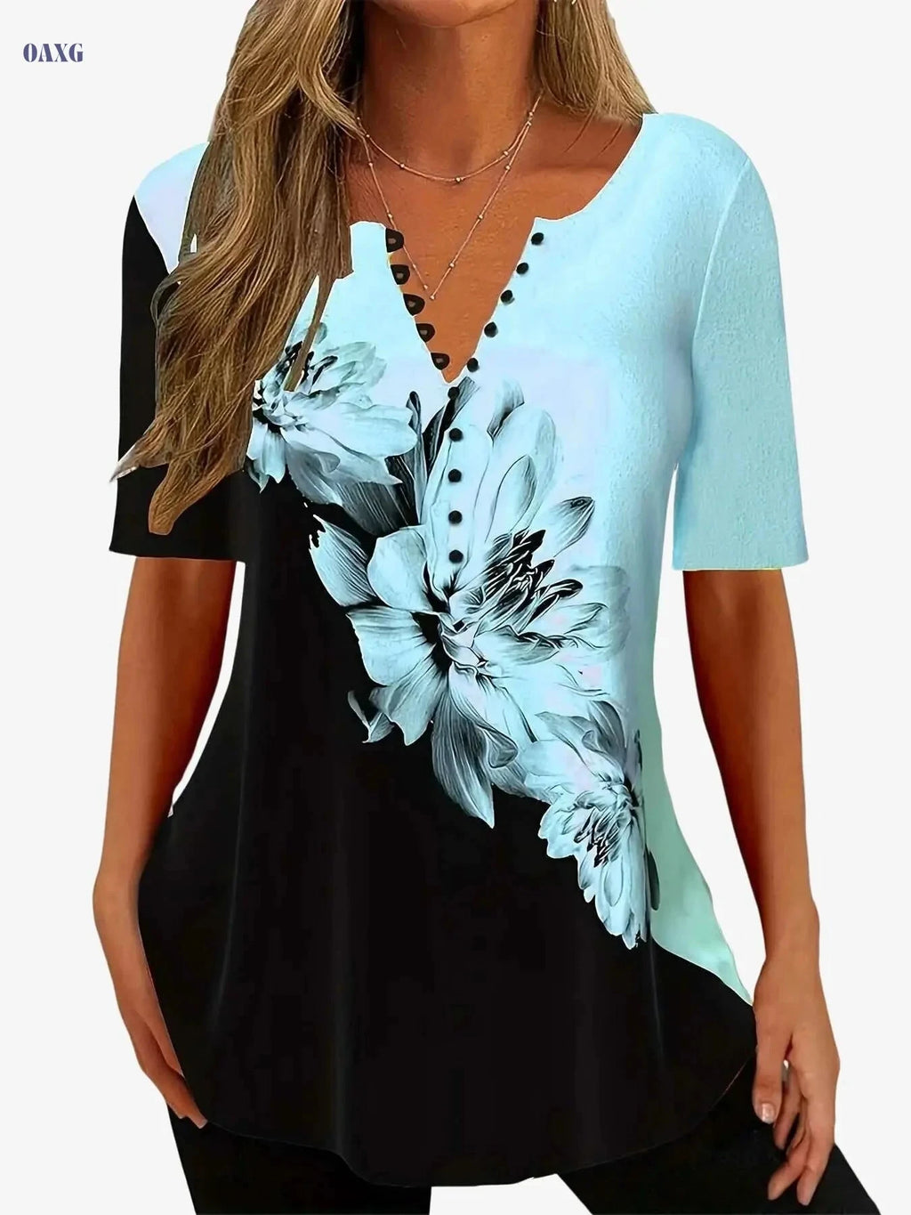 Women's Floral V-Neck Button Shirt - Loose Fit for Spring/Summer   OAXG Sky Blue / S