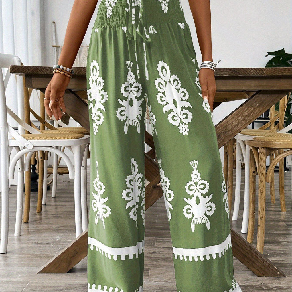 Women's Floral Wide-Leg Pants - Casual Printed Trousers for All Seasons   OAXG Army Green / S