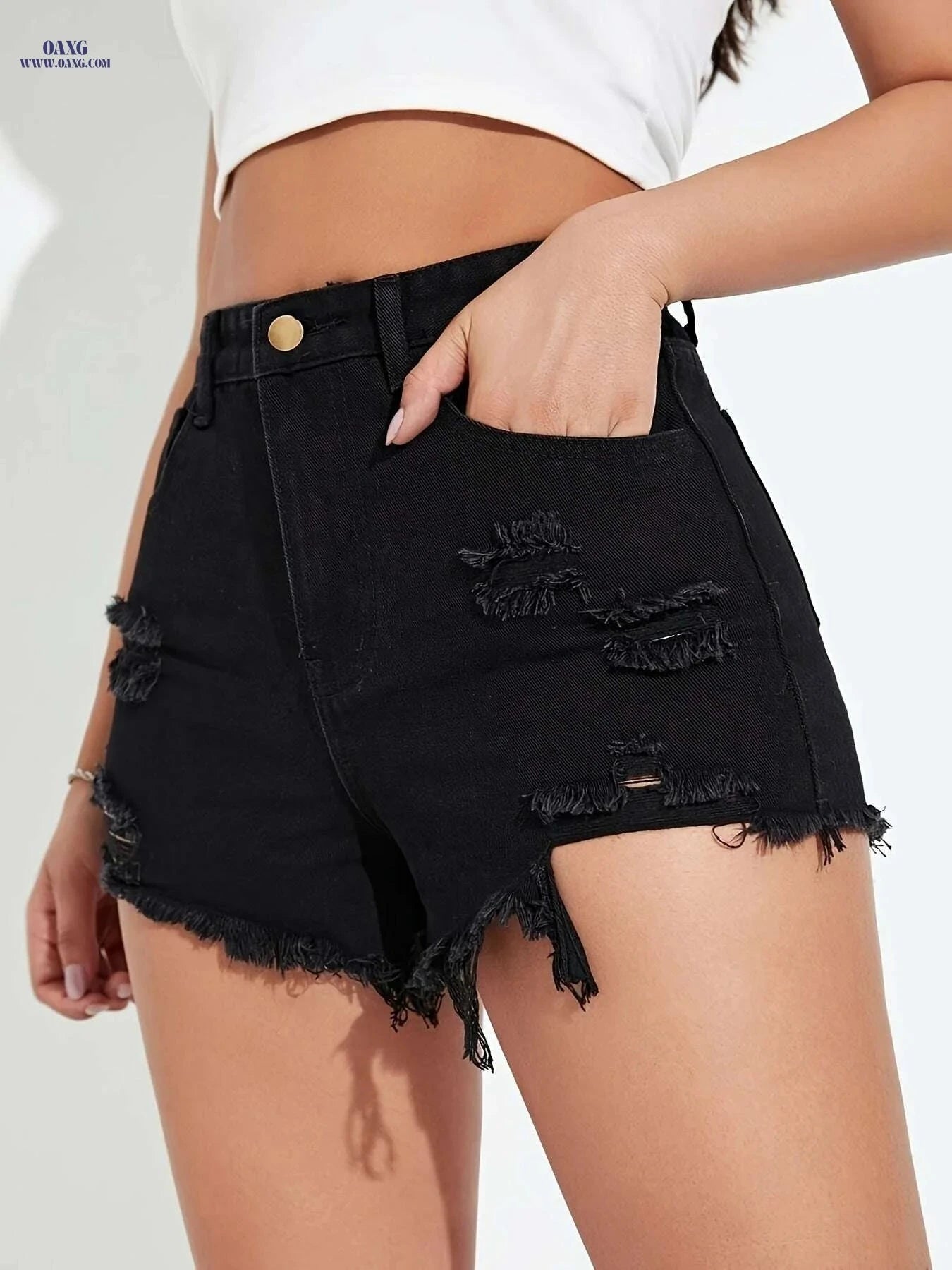 Women's Frayed Ripped Denim Shorts - Casual Solid Black with Button   OAXG 