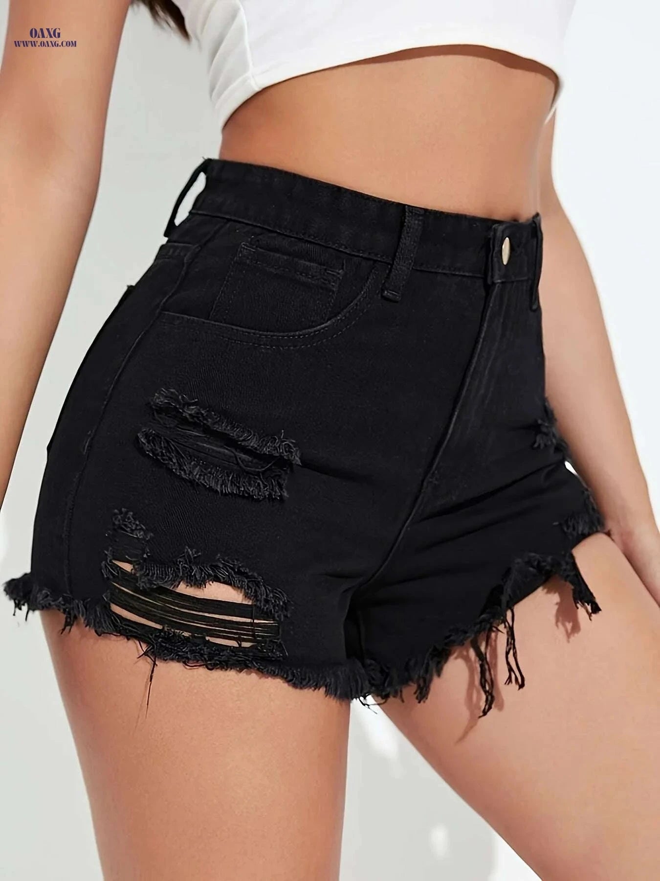 Women's Frayed Ripped Denim Shorts - Casual Solid Black with Button   OAXG 