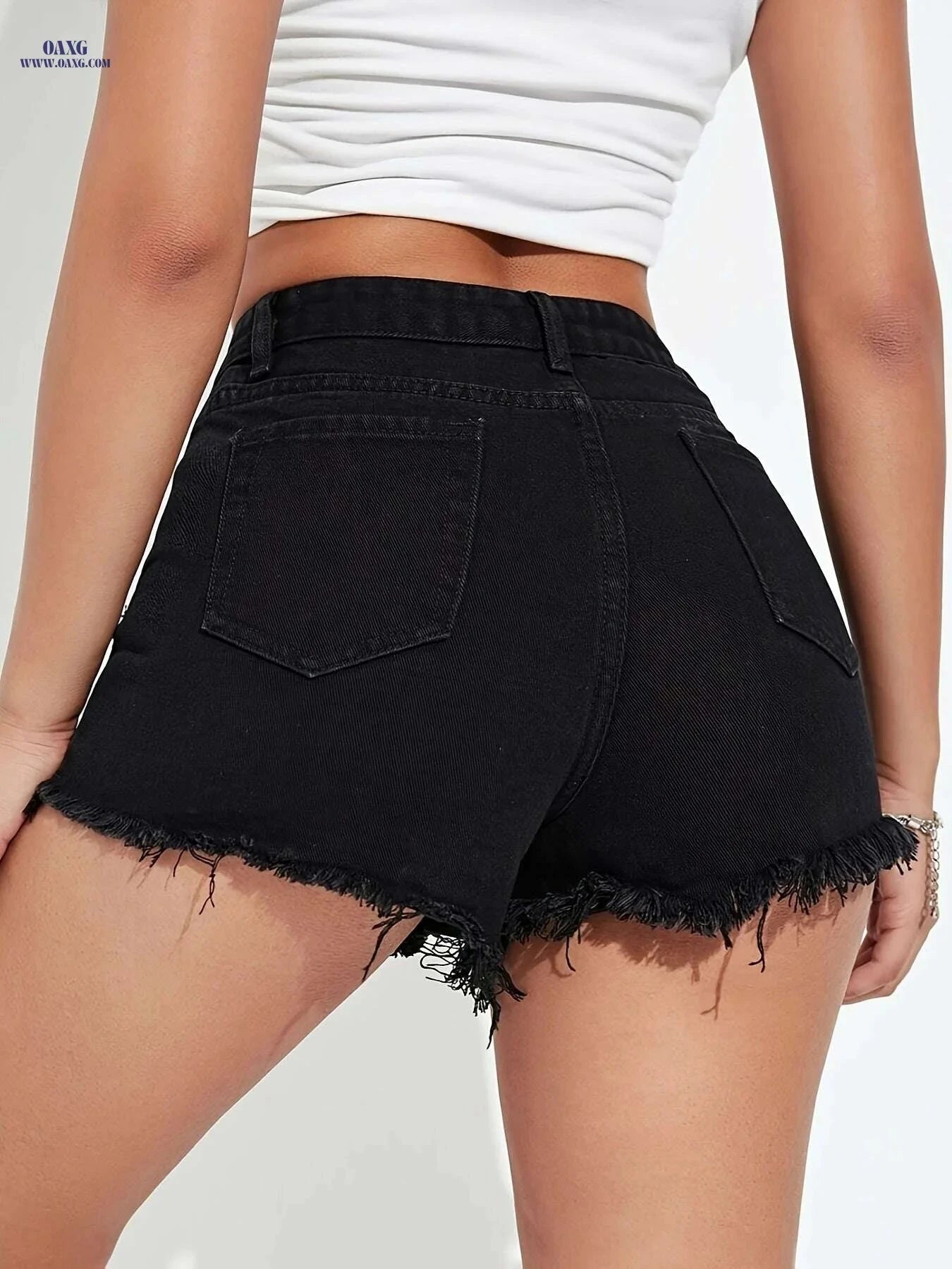 Women's Frayed Ripped Denim Shorts - Casual Solid Black with Button   OAXG 