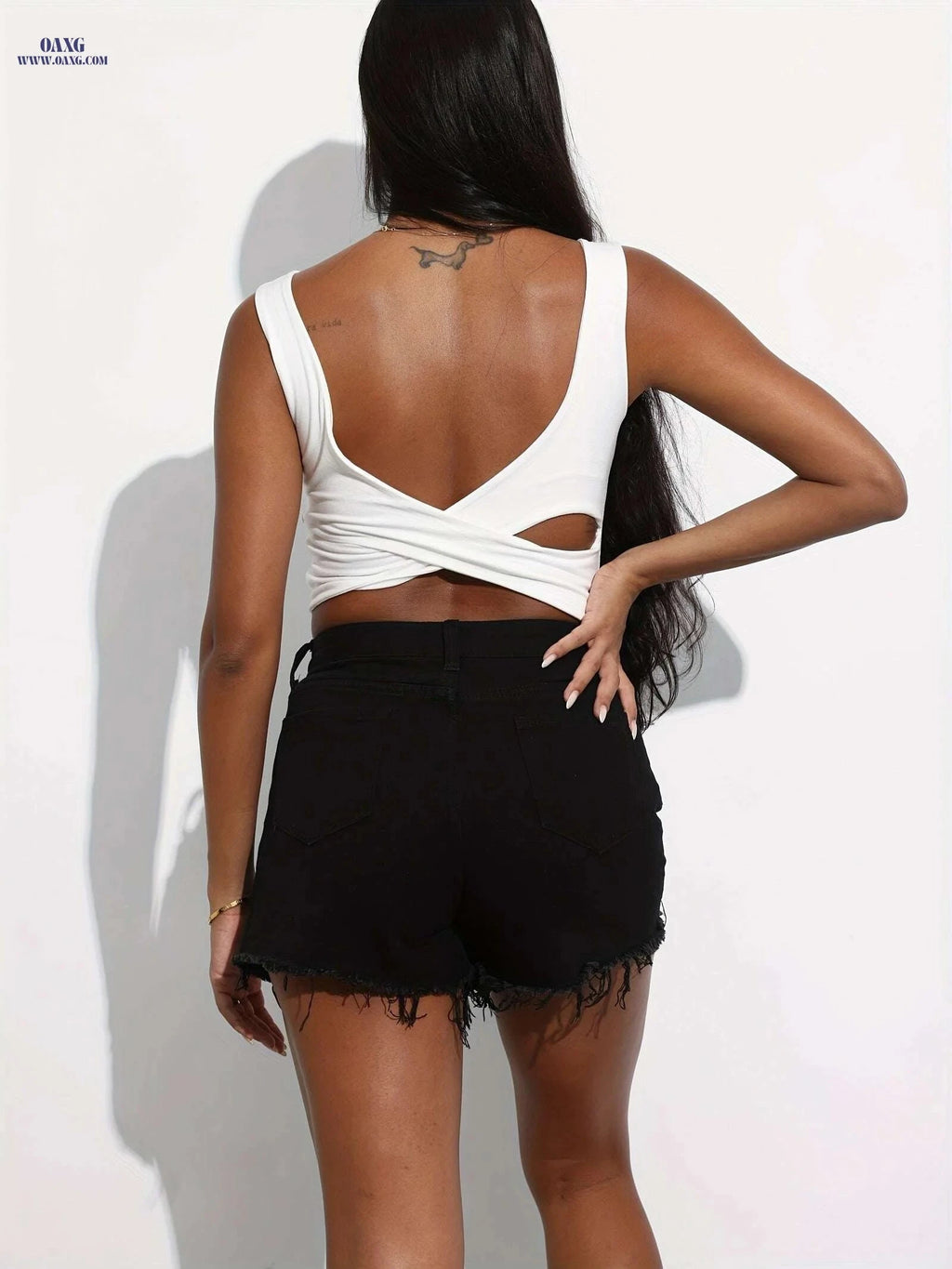 Women's Frayed Ripped Denim Shorts - Casual Solid Black with Button   OAXG 