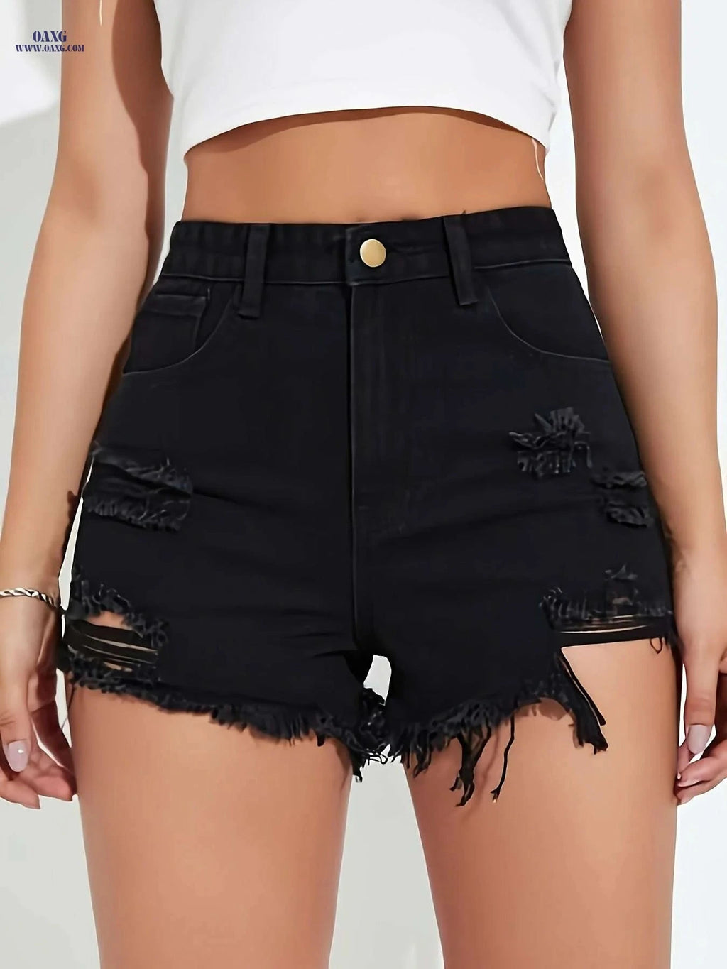 Women's Frayed Ripped Denim Shorts - Casual Solid Black with Button   OAXG 