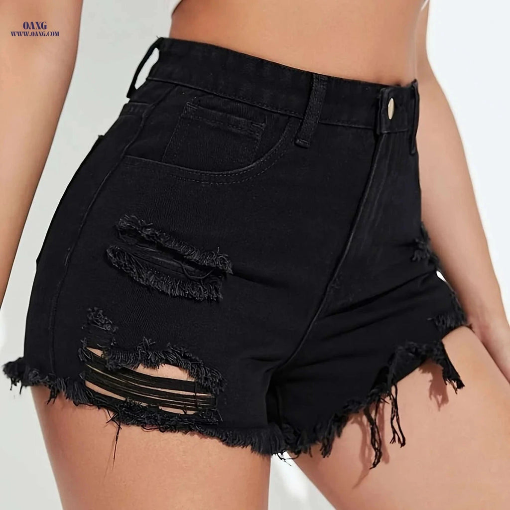 Women's Frayed Ripped Denim Shorts - Casual Solid Black with Button   OAXG 
