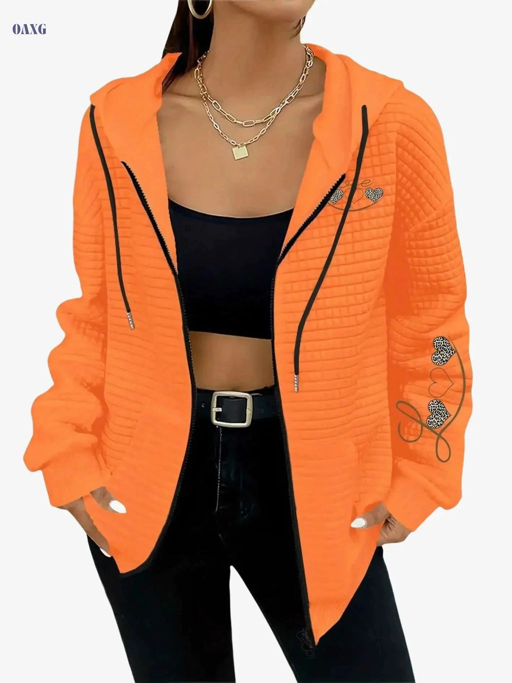 Women's Full-Zip Hooded Jacket - Bright Orange Casual Outerwear   OAXG 