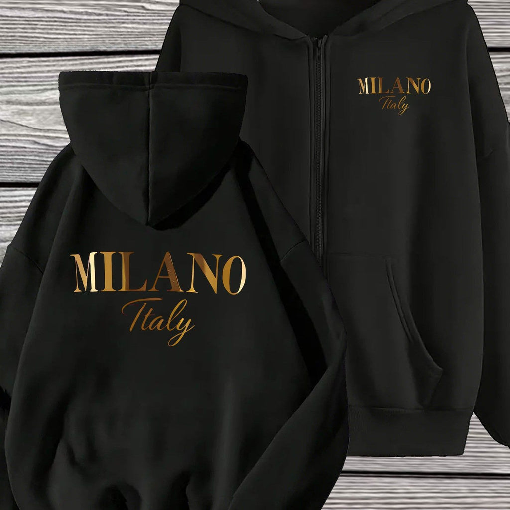 Women'S Full-Zip Hooded Jacket - Trendy Minimalist Artistic MILANO Letter Design, Long-Sleeve Zip-Up Sweatshirt, Suitable for Street Style, Gym, And Everyday Wear - Machine Washable Durable Casual Wear, Comfortable And Versatile in Sizes S-XL