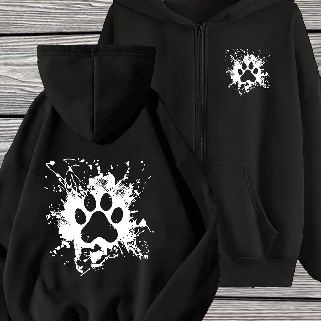 Women's Full-Zip Hooded Jacket - Trendy Minimalist  Artistic Paw Print Geometric Pattern, Long-Sleeve Zippered Sweatshirt, Suitable for Street Style, Gym, and Daily Wear - Machine Washable Durable Casual Apparel, Comfortable and Versatile Sizes