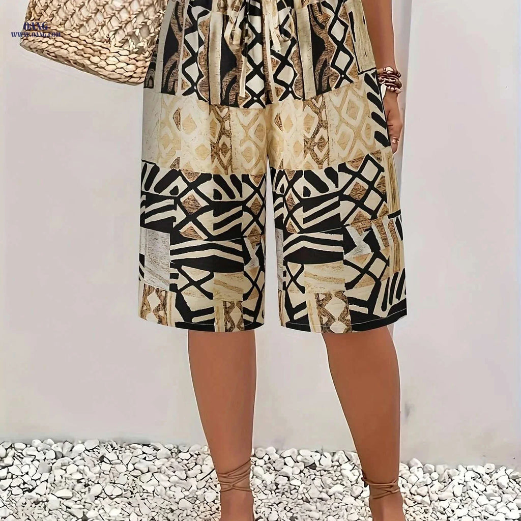 Women's Geometric Print Casual Shorts - Black & Beige All-Season Wear   OAXG 