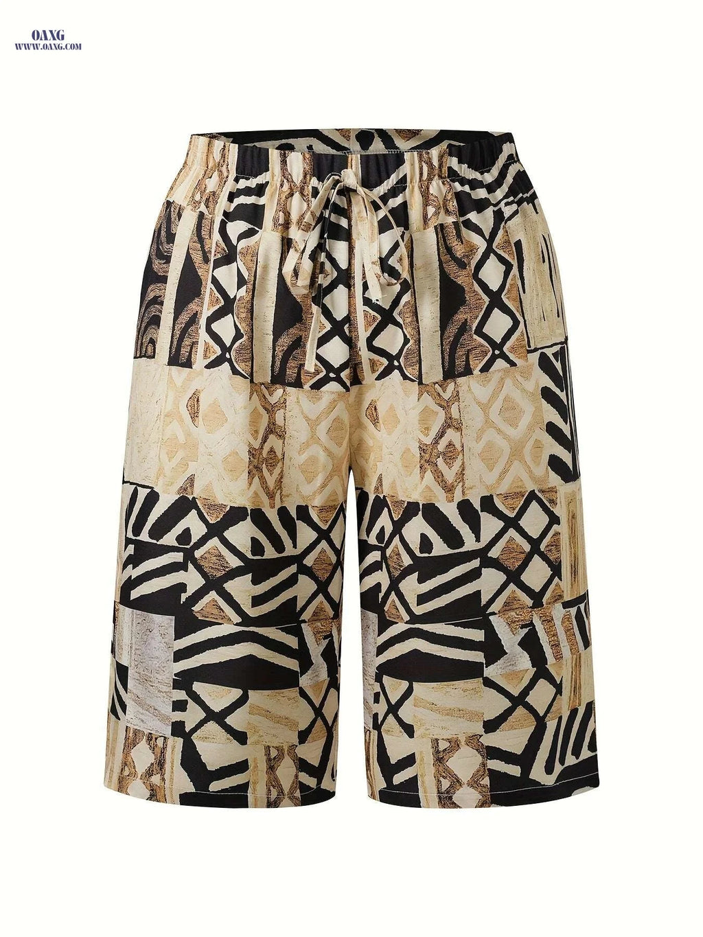 Women's Geometric Print Casual Shorts - Black & Beige All-Season Wear   OAXG 