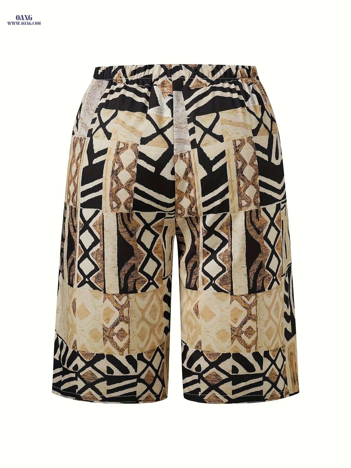 Women's Geometric Print Casual Shorts - Black & Beige All-Season Wear   OAXG 