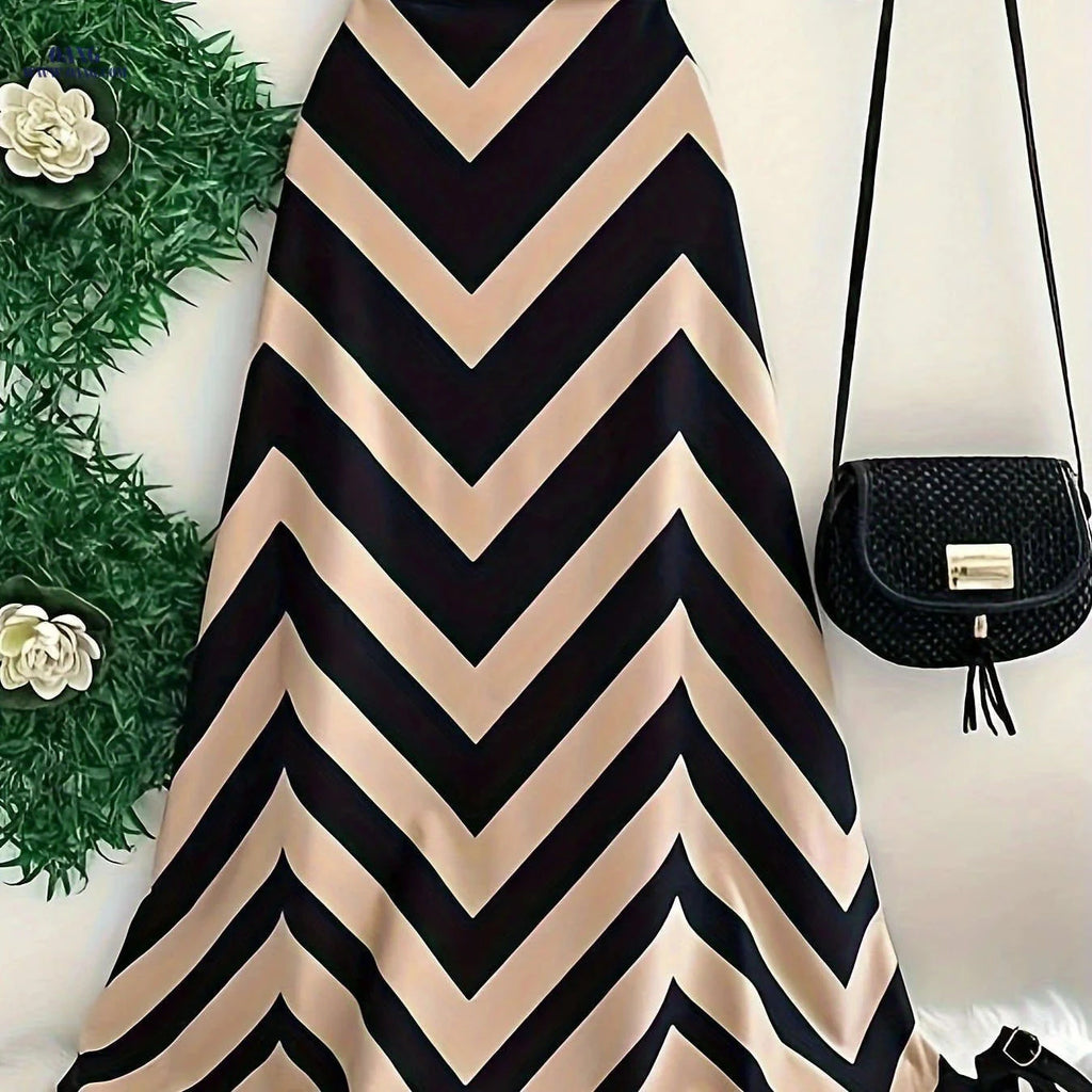 Women's Geometric Print Maxi Skirt - High-Waisted Flared Elegance   OAXG Apricot / S