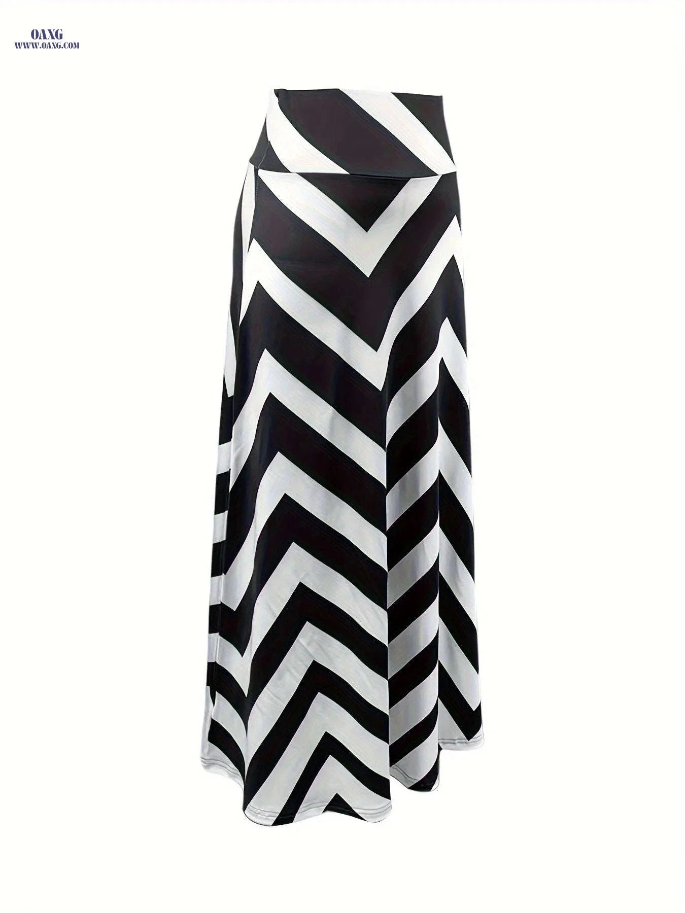 Women's Geometric Print Maxi Skirt - High-Waisted Flared Elegance   OAXG 