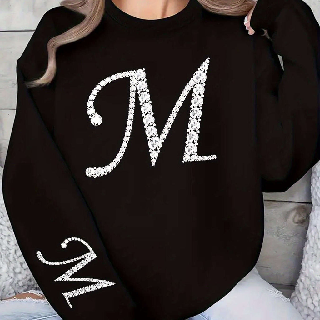 Women's Glitter 'M' Initial Sweatshirt - Casual Round Neck Pullover   OAXG 