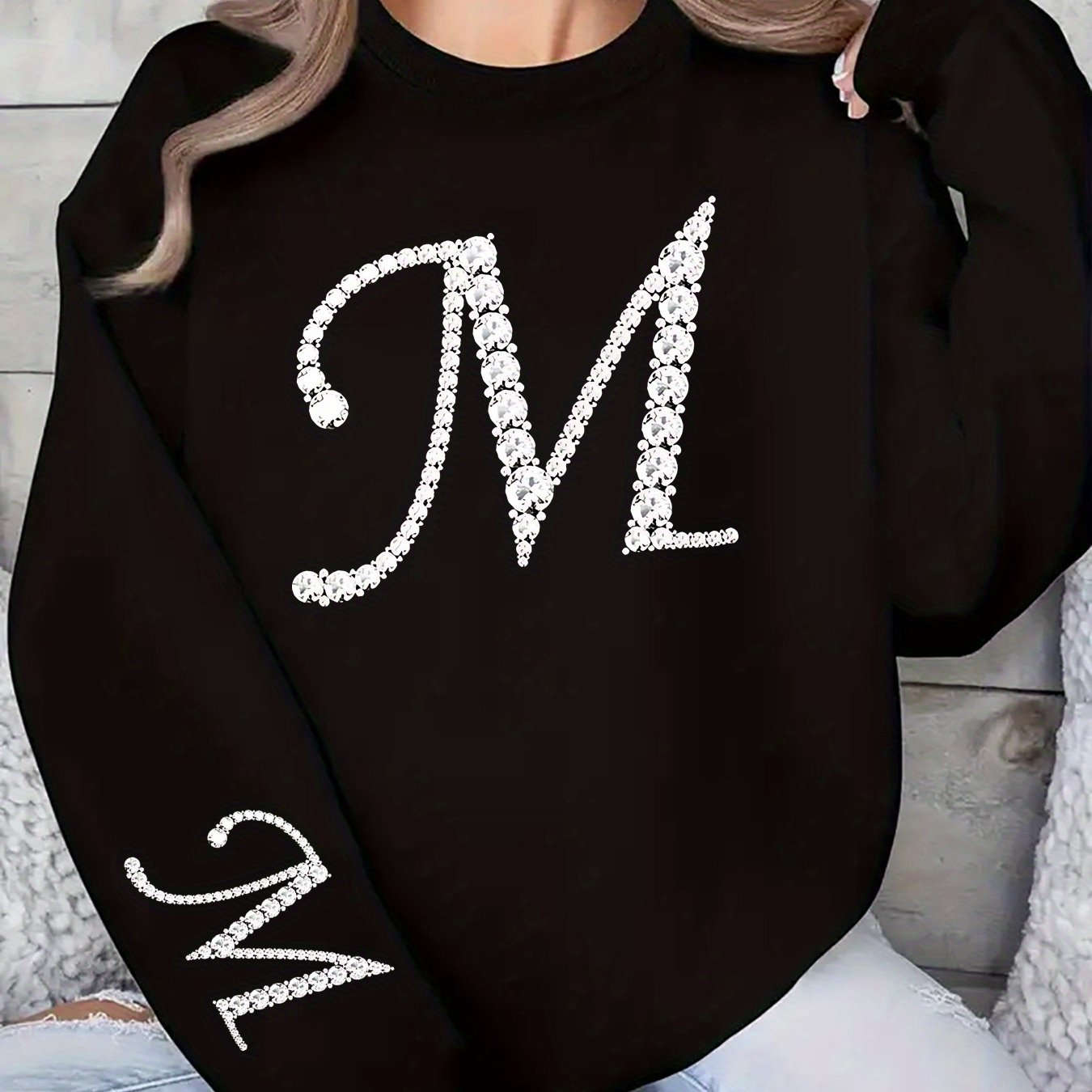 Women's Glitter 'M' Initial Sweatshirt - Casual Round Neck Pullover   OAXG 