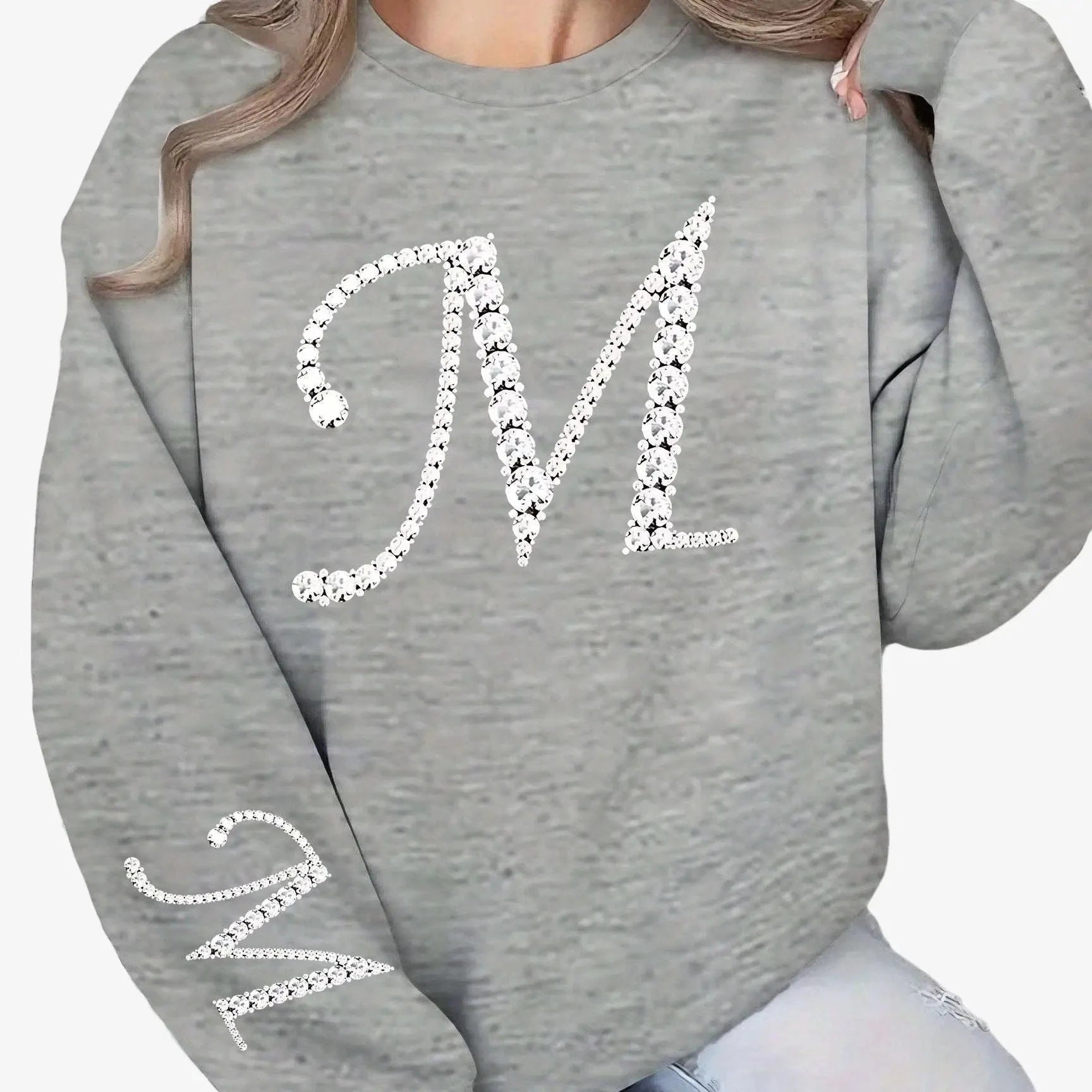 Women's Glitter 'M' Initial Sweatshirt - Casual Round Neck Pullover   OAXG 