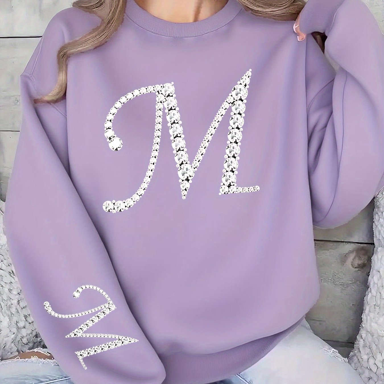 Women's Glitter 'M' Initial Sweatshirt - Casual Round Neck Pullover   OAXG 