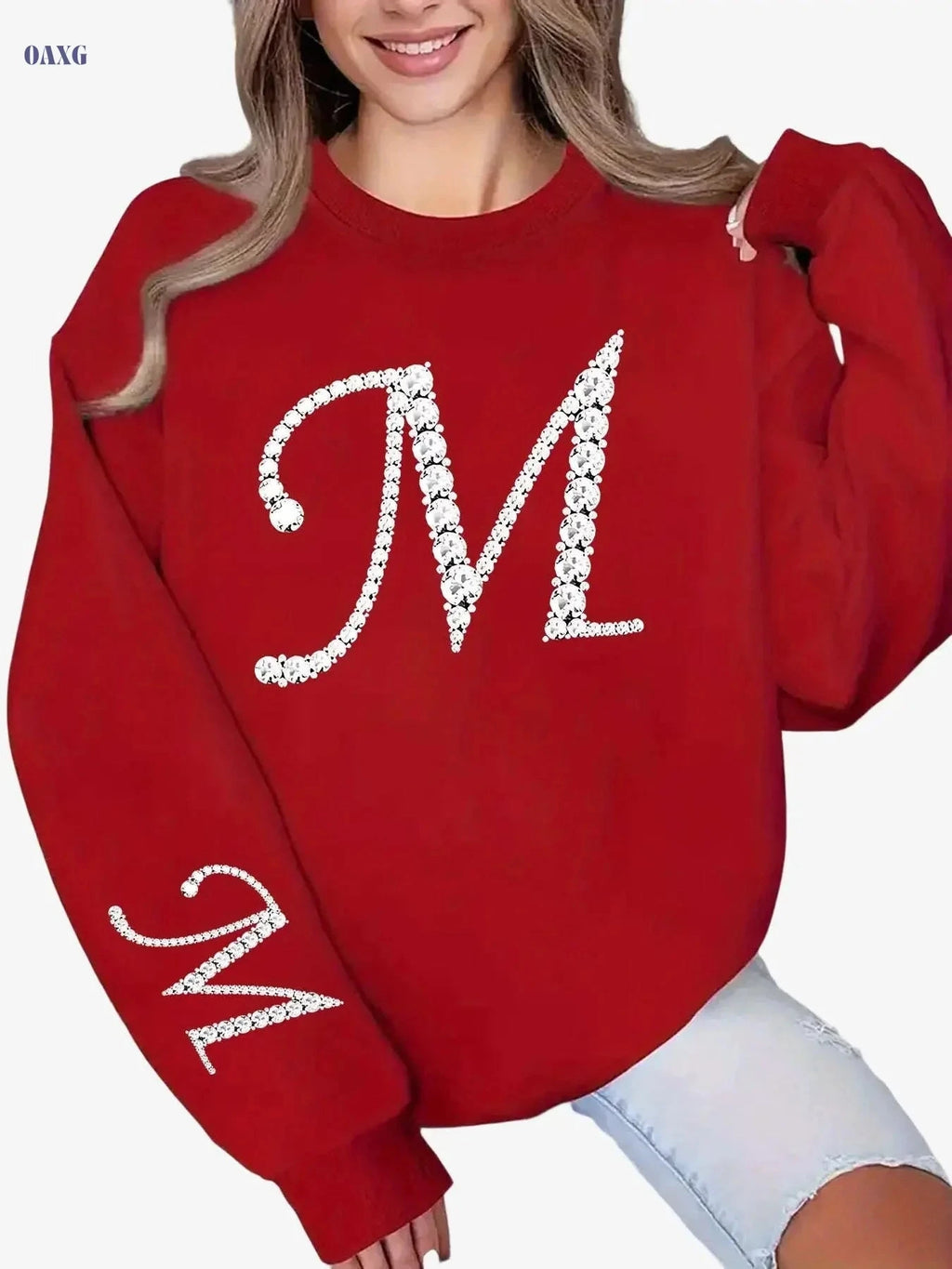 Women's Glitter 'M' Initial Sweatshirt - Casual Round Neck Pullover   OAXG 