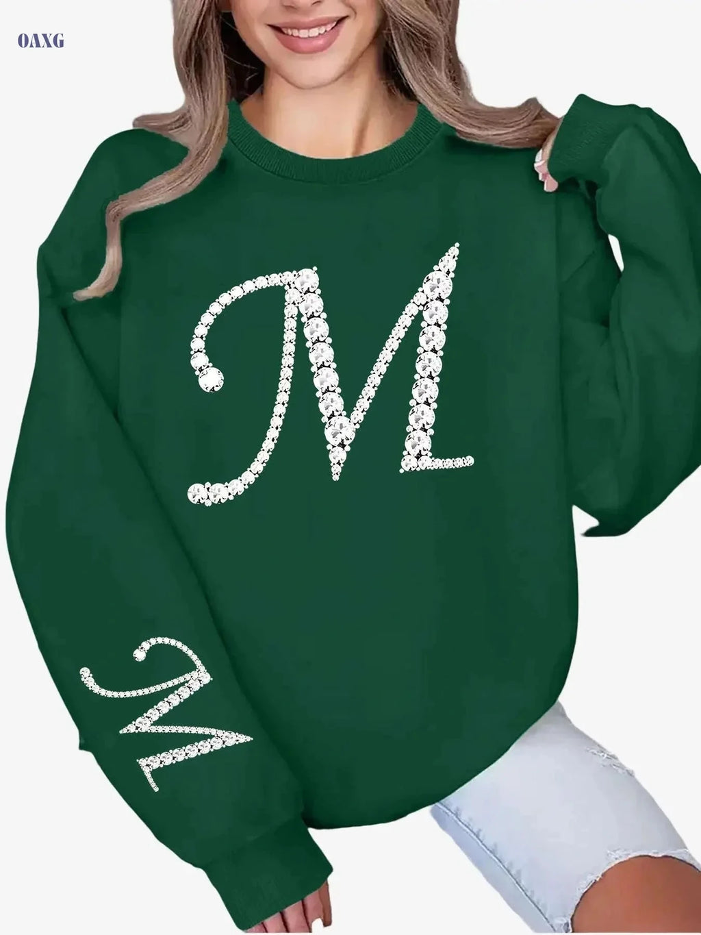 Women's Glitter 'M' Initial Sweatshirt - Casual Round Neck Pullover   OAXG 