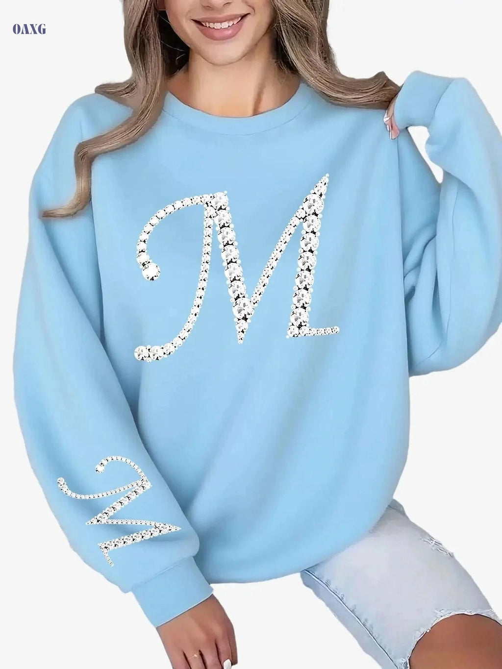 Women's Glitter 'M' Initial Sweatshirt - Casual Round Neck Pullover   OAXG 