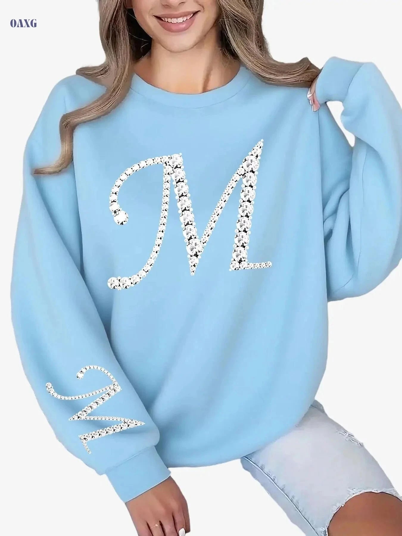 Women's Glitter 'M' Initial Sweatshirt - Casual Round Neck Pullover   OAXG 