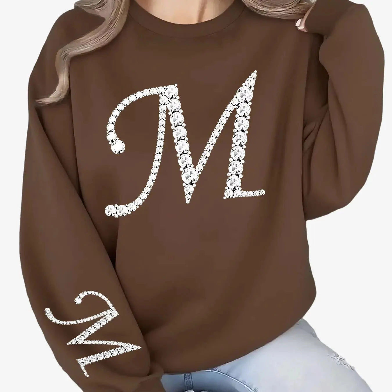 Women's Glitter 'M' Initial Sweatshirt - Casual Round Neck Pullover   OAXG crimson / S