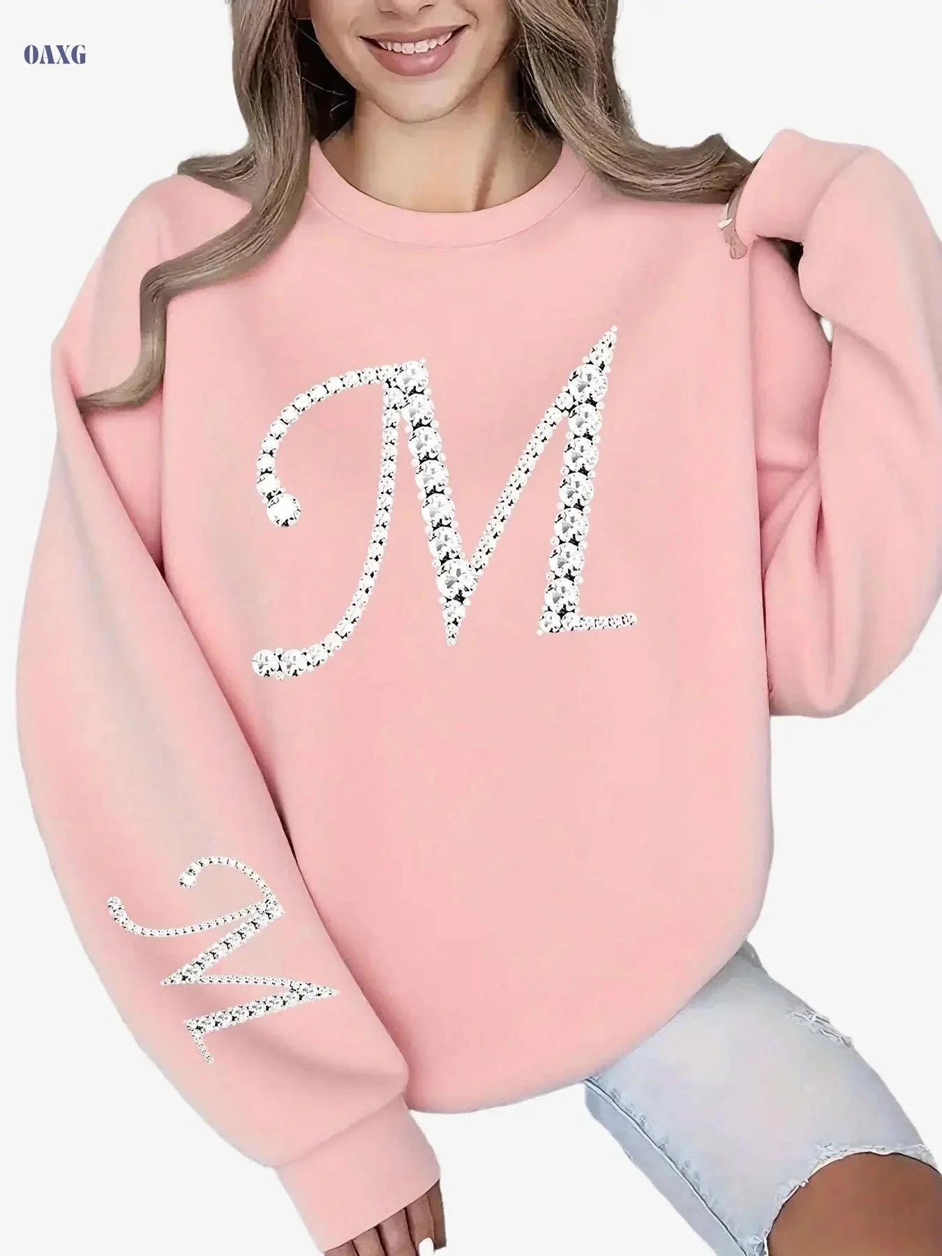 Women's Glitter 'M' Initial Sweatshirt - Casual Round Neck Pullover   OAXG crimson / S