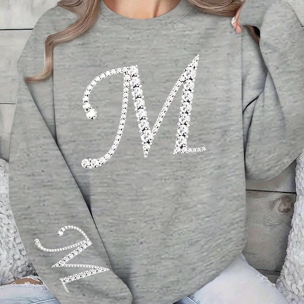Women's Glitter 'M' Initial Sweatshirt - Casual Round Neck Pullover   OAXG crimson / S