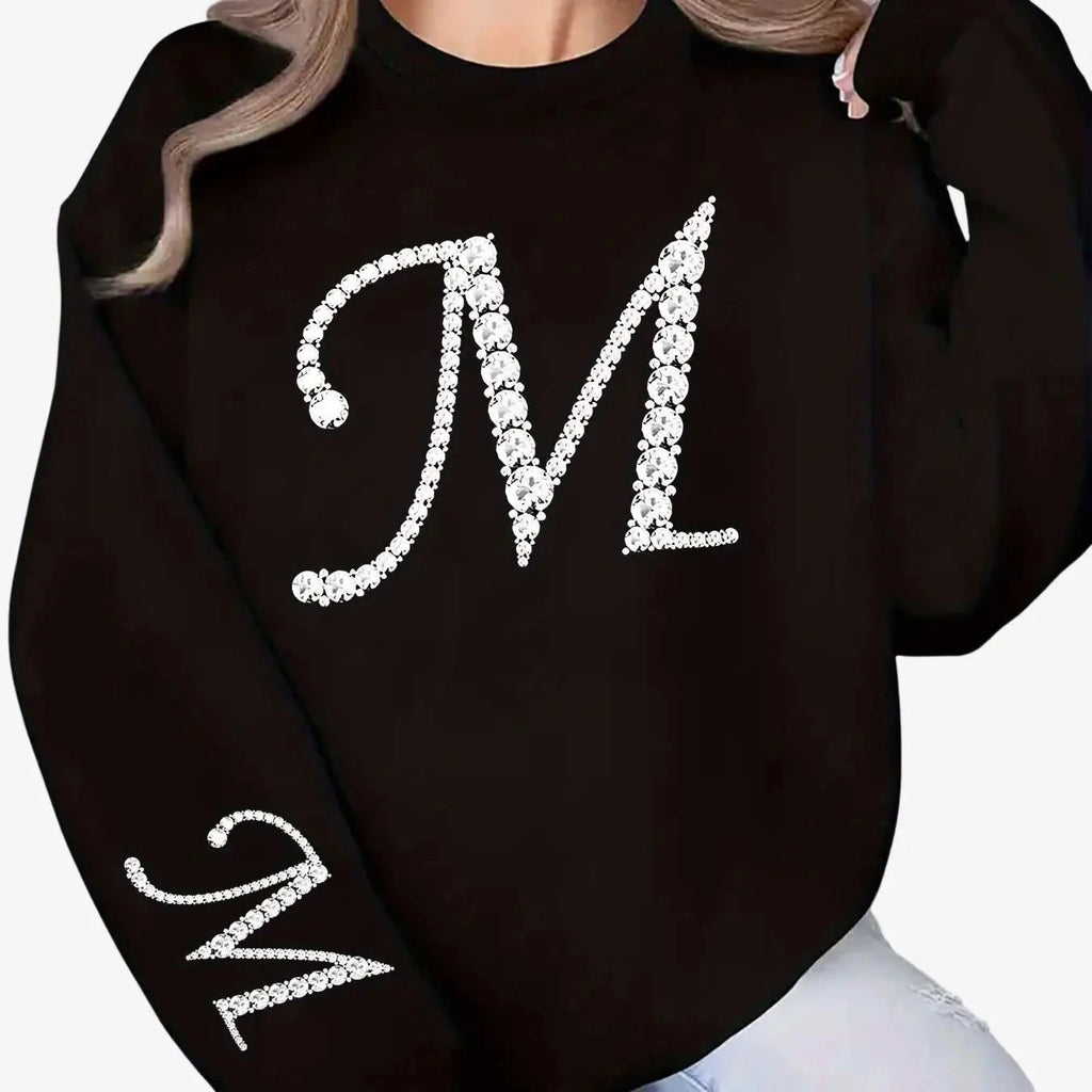 Women's Glitter 'M' Initial Sweatshirt - Casual Round Neck Pullover   OAXG crimson / S