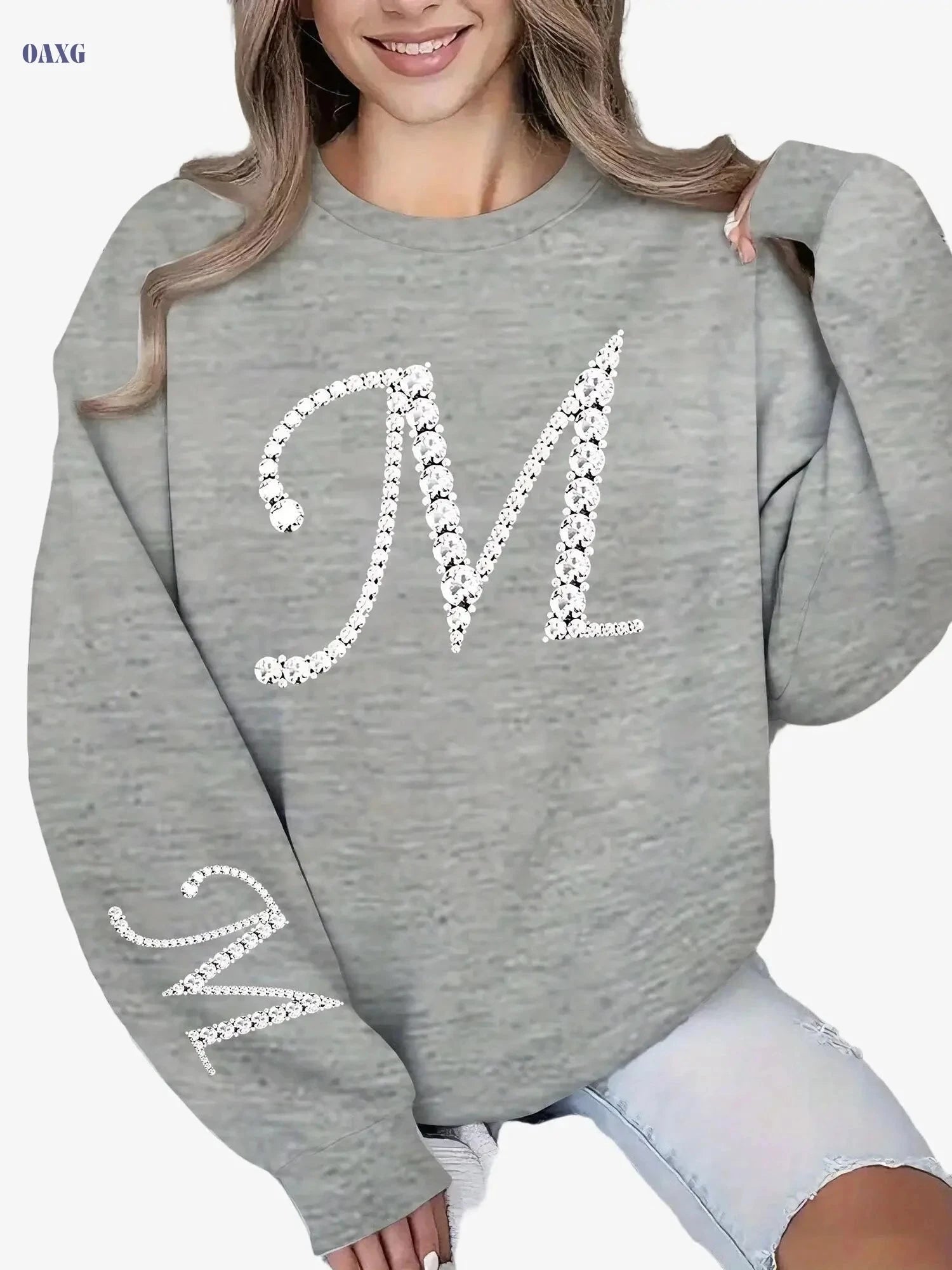 Women's Glitter 'M' Initial Sweatshirt - Casual Round Neck Pullover   OAXG 