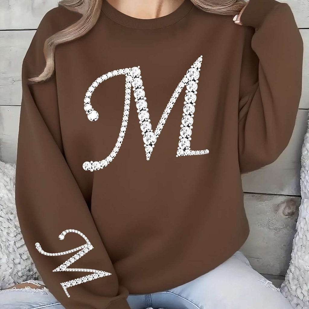 Women's Glitter 'M' Initial Sweatshirt - Casual Round Neck Pullover   OAXG 