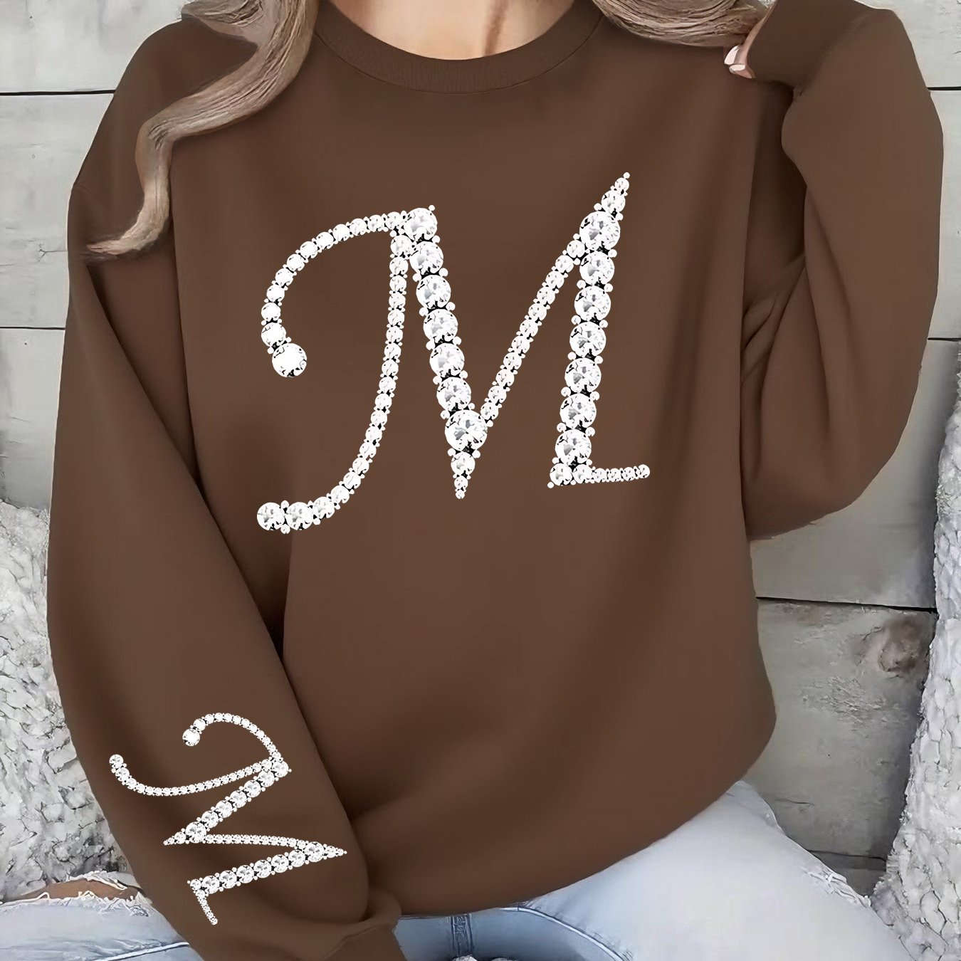 Women's Glitter 'M' Initial Sweatshirt - Casual Round Neck Pullover   OAXG 