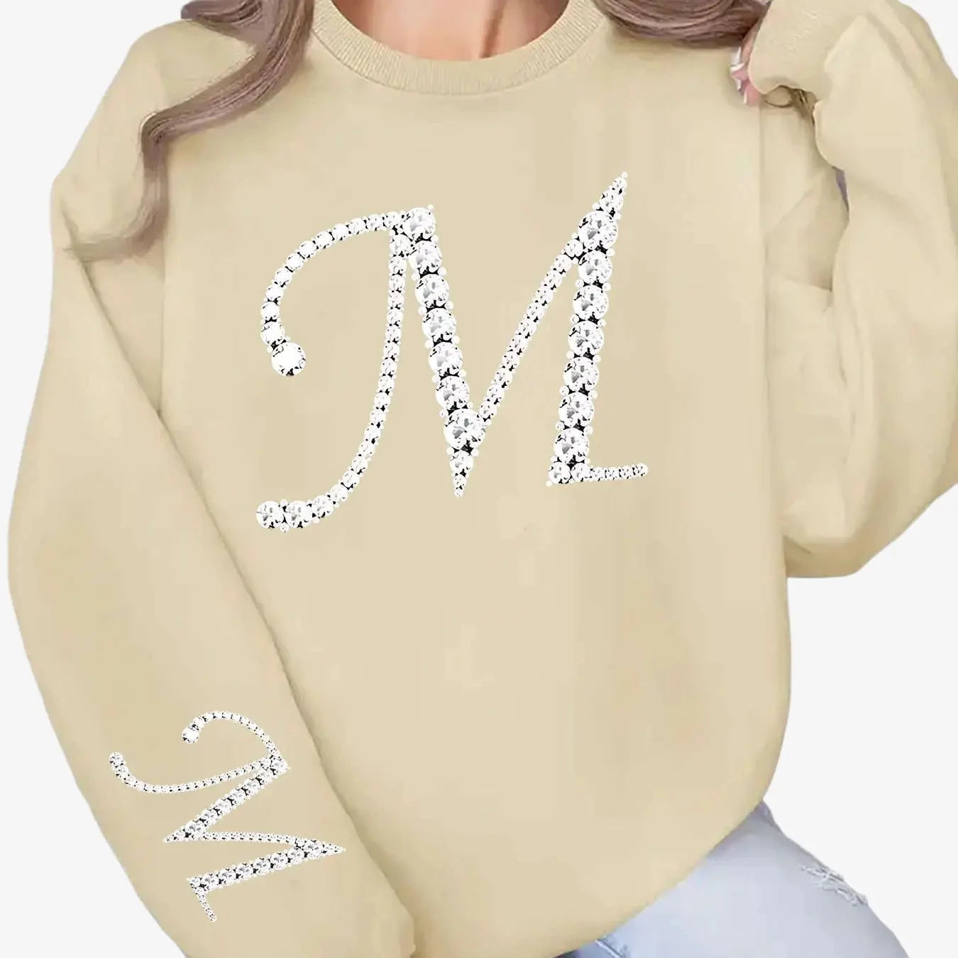 Women's Glitter 'M' Initial Sweatshirt - Casual Round Neck Pullover   OAXG 