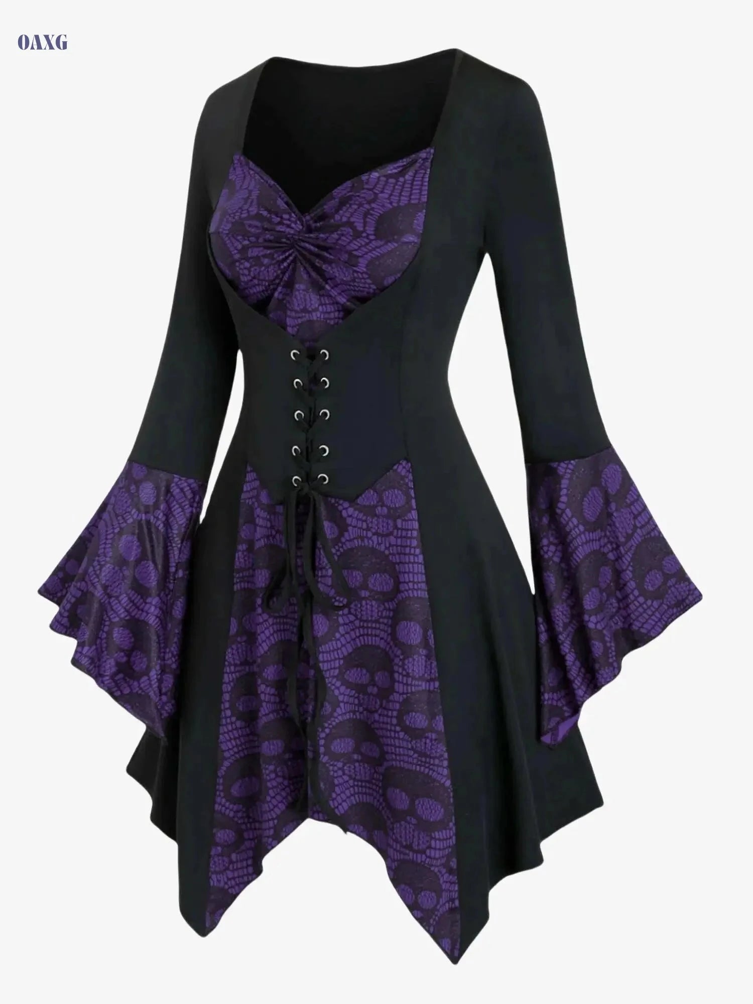 Women's Gothic Skull Print Top - Lace-Up Waist, Ruffled Sleeves   OAXG 
