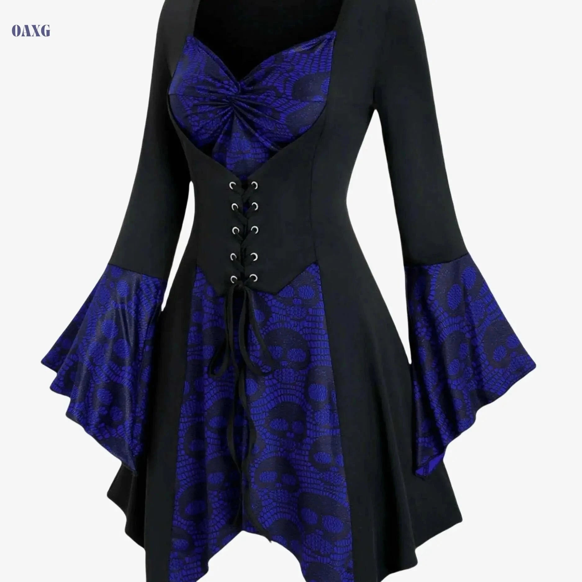 Women's Gothic Skull Print Top - Lace-Up Waist, Ruffled Sleeves   OAXG 