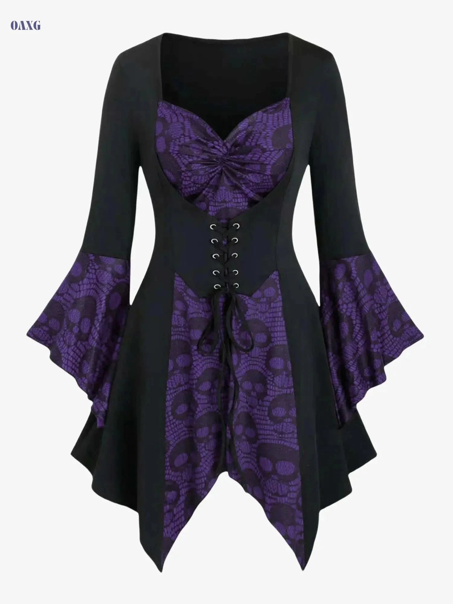 Women's Gothic Skull Print Top - Lace-Up Waist, Ruffled Sleeves   OAXG 