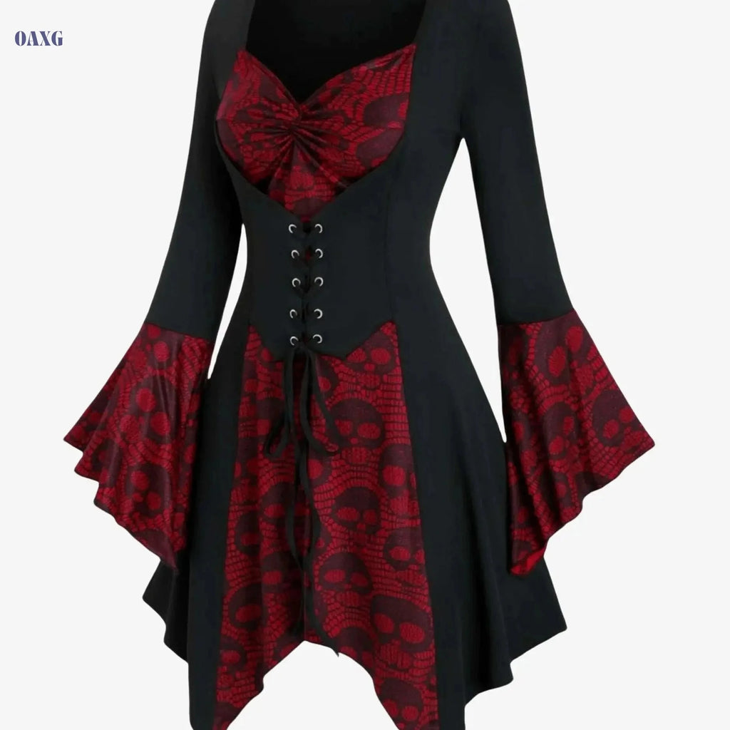 Women's Gothic Skull Print Top - Lace-Up Waist, Ruffled Sleeves   OAXG Red Print / S