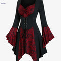 Women's Gothic Skull Print Top - Lace-Up Waist, Ruffled Sleeves   OAXG Red Print / S