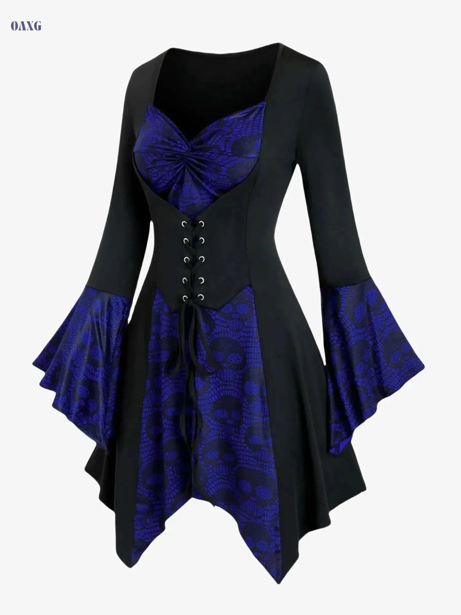 Women's Gothic Skull Print Top - Lace-Up Waist, Ruffled Sleeves   OAXG Red Print / S