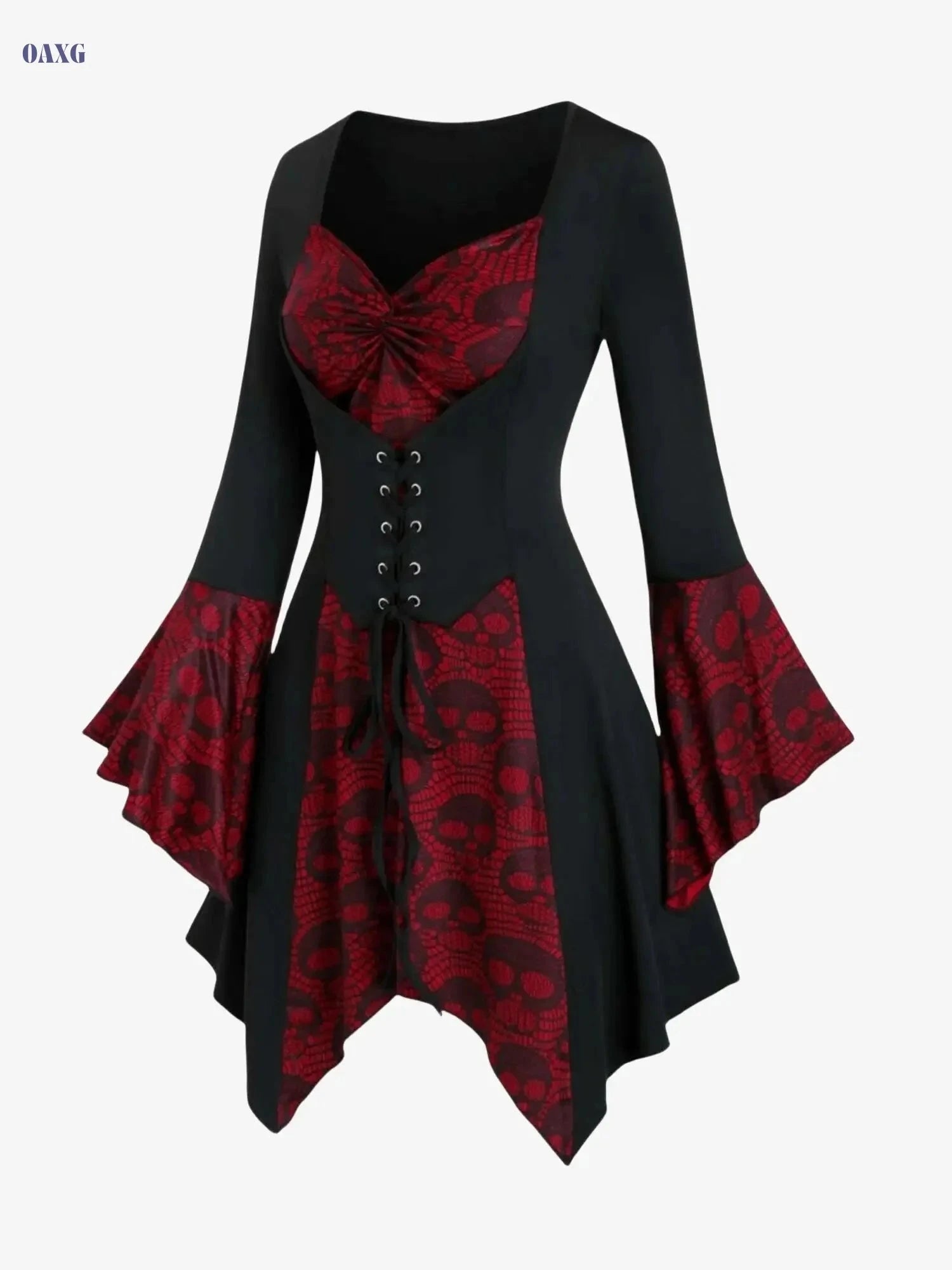 Women's Gothic Skull Print Top - Lace-Up Waist, Ruffled Sleeves   OAXG Red Print / S
