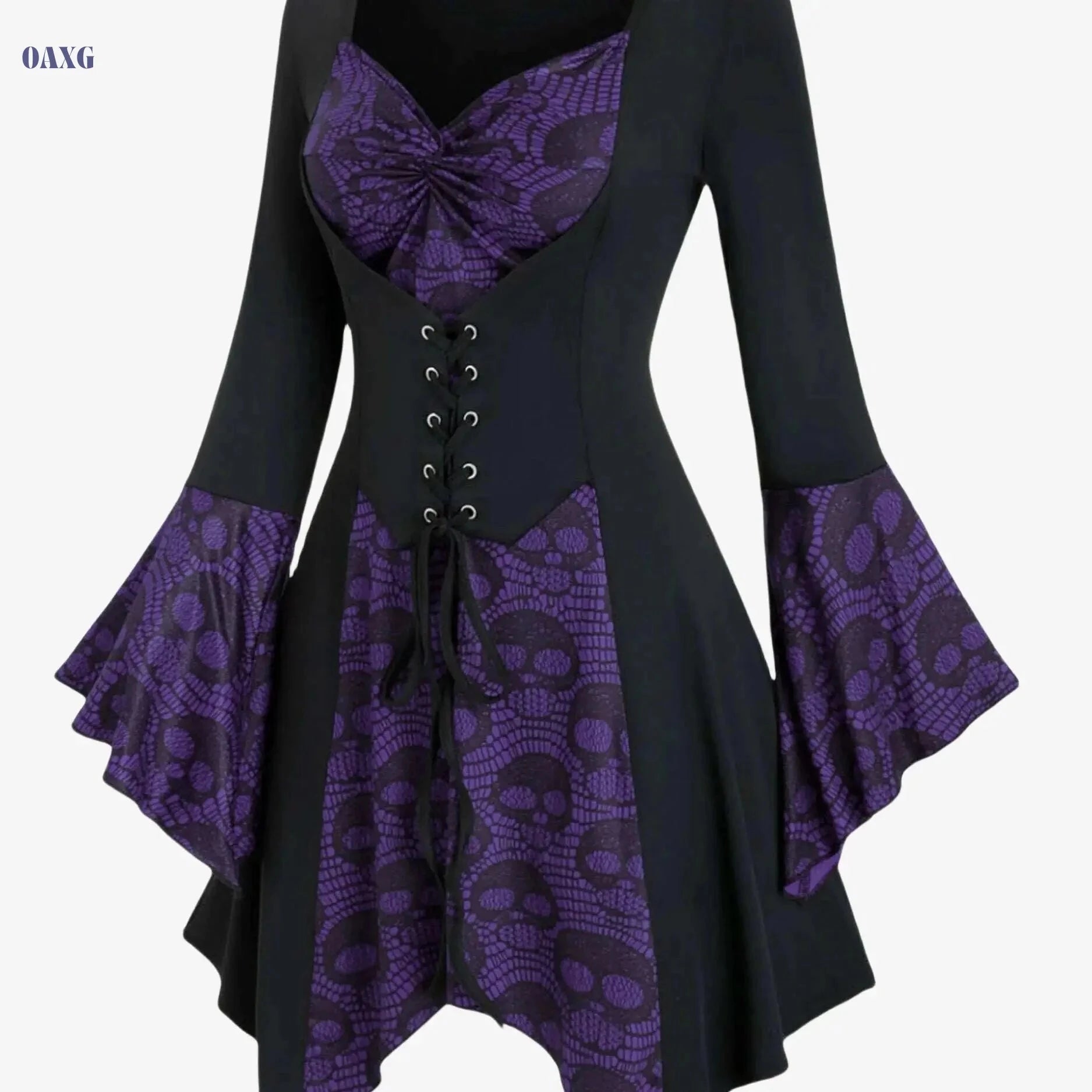 Women's Gothic Skull Print Top - Lace-Up Waist, Ruffled Sleeves   OAXG Red Print / S