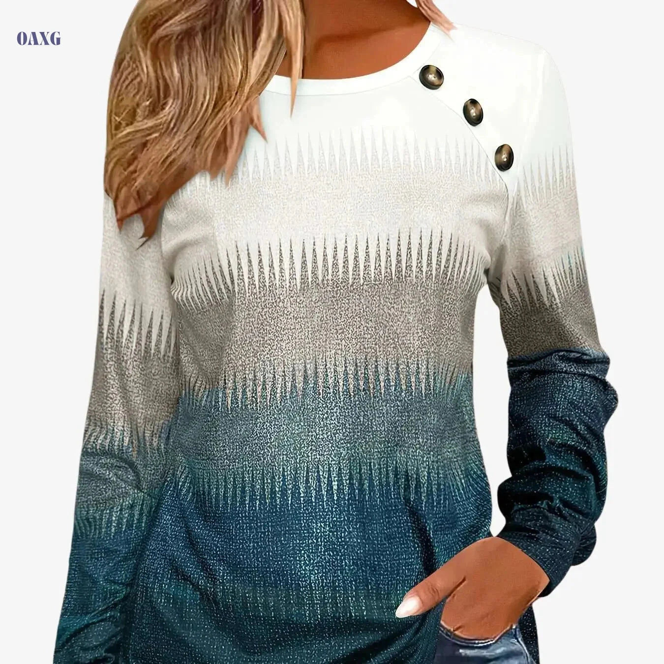 Women's Gradient Long Sleeve T-Shirt - Casual Button Crew Neck Top   OAXG 