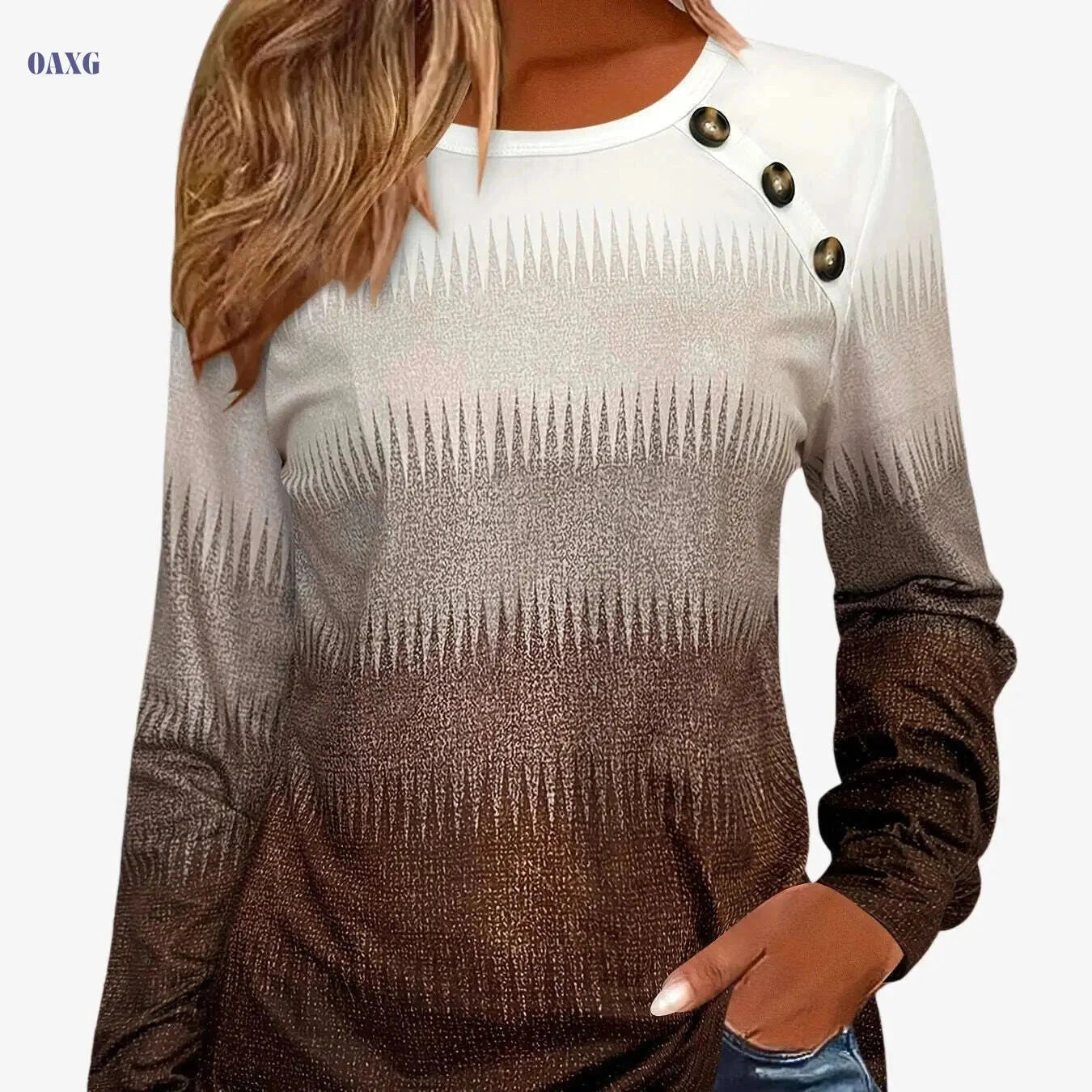 Women's Gradient Long Sleeve T-Shirt - Casual Button Crew Neck Top   OAXG Coffee color / S