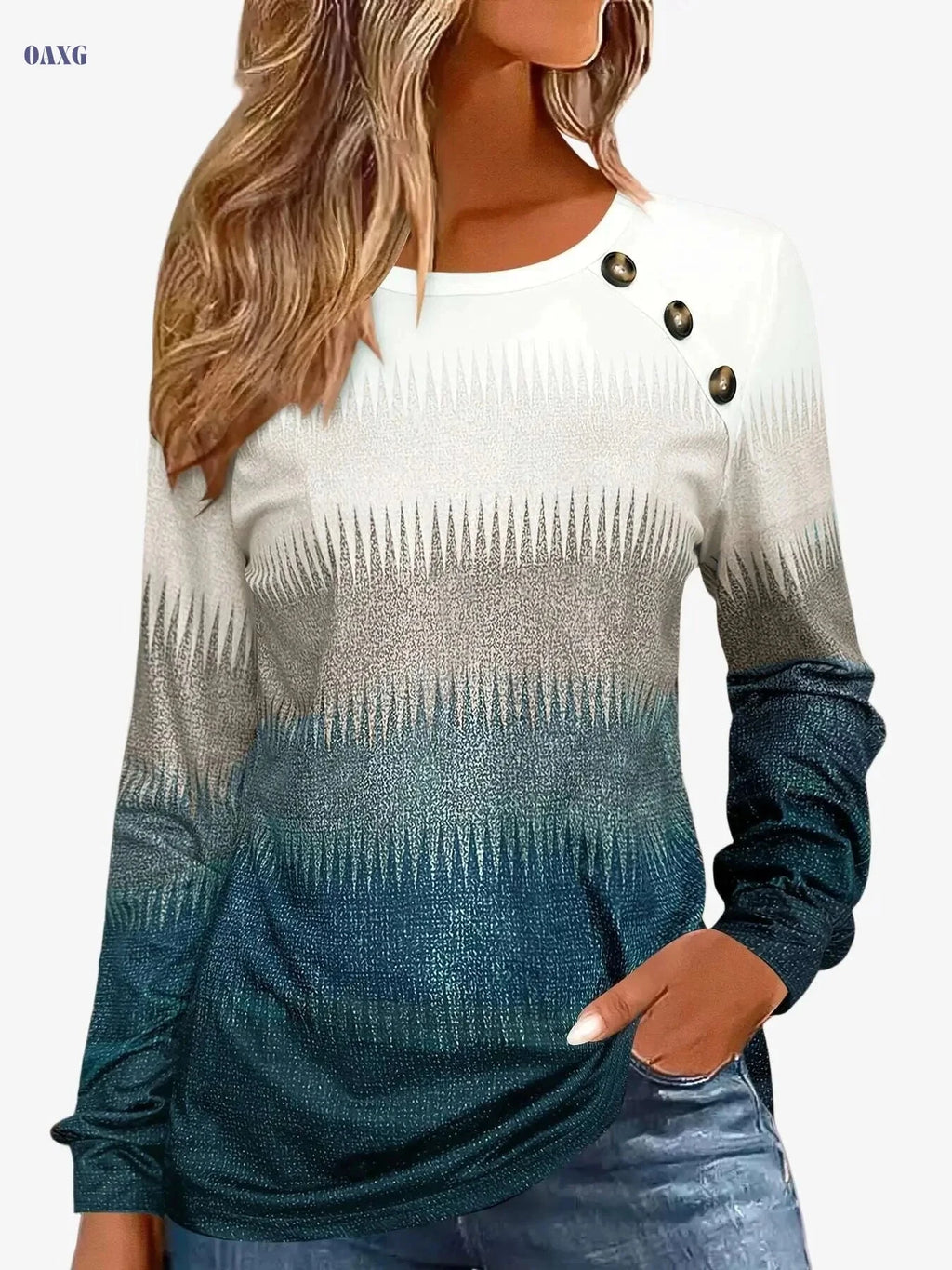 Women's Gradient Long Sleeve T-Shirt - Casual Button Crew Neck Top   OAXG Coffee color / S